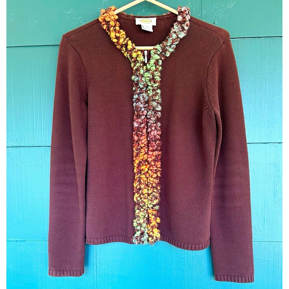Vtg 90s Talbots Cotton Cardigan Sweater Brown Artsy Grandma Colorful Trim Small